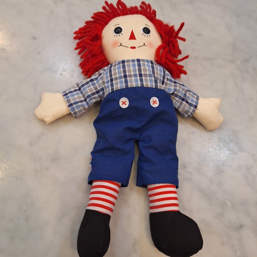 Vintage Raggedy Andy Plush Doll 16" Blue Plaid Shirt Overalls Yarn Hair Toy